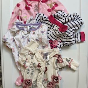 0-3 month sleepers cherry, ladybug, vintage roses, purple elephants